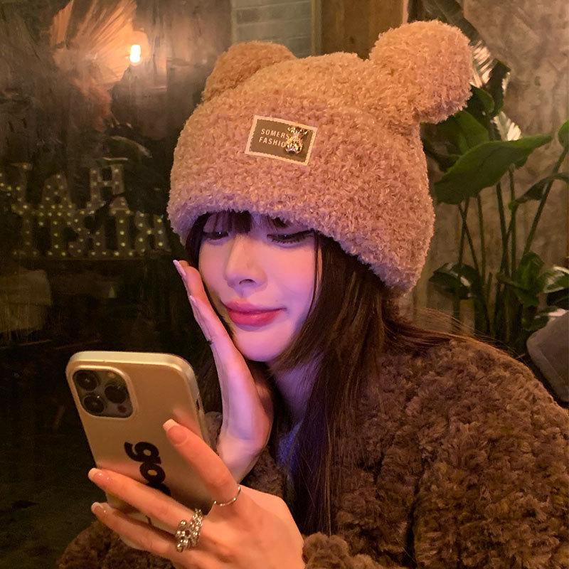 Little Bear Plush Hat with Thick Velvet for Autumn and Winter Cold Protection, Ear Protection, and Warm Knitted Hat