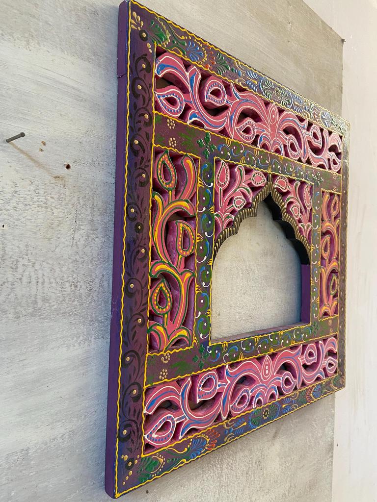 Hand-Carved Floral Wood Wall Frame: Rustic Indian Art Decor
