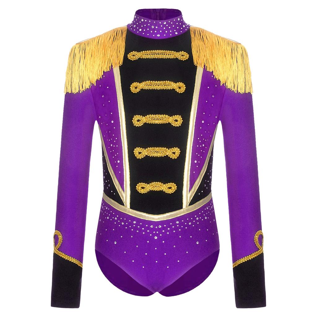Leotard da Circo per Bambina Strass Manica Lunga Spalline Frangiate Tinta Unita Tuta Costume di Carnevale