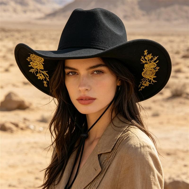 New Straight Hair Exquisite Three-dimensional Embroidered Denim Jazz Hat Outdoor Travel Western Style Suede
