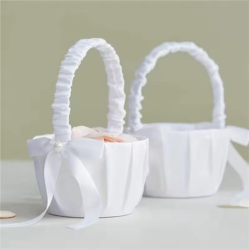 Wedding White Satin Bow Flower basket Flower Carrying basket with pearl handle suitable for bridesmaids and flower girls