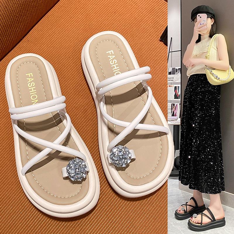 Thick-bottomed Bread Slippers Women's Outer Wear 2025 Summer New Internet Celebrity Fashion Simple Versatile Open-toe Word with Sandals