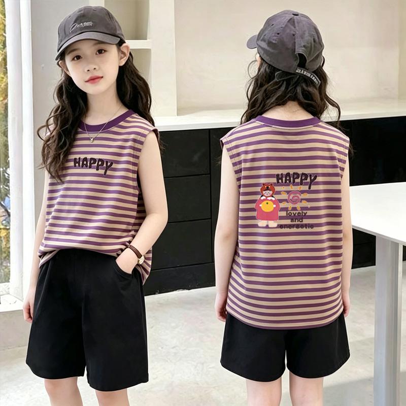 Korean Style Girls' Color Block Striped Sleeveless Vest Set - Summer New Arrivals for Medium & Large Children