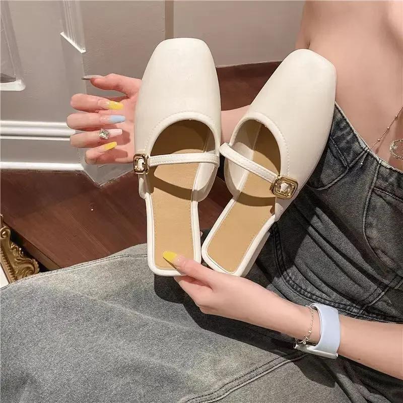 Fashion French Head Half Slippers Women Wear 2025 Spring Summer New Shallow Mouth All Soft Leather Mueller Shoes Beach Single Shoes