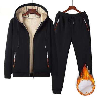 Men's Plus Velvet Thickened Sports Suit Autumn and Winter Hooded Large Size Casual Warm Two-piece Youth Lamb Fleece Jacket Drawstring Mouth
