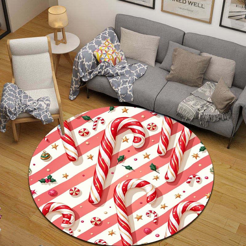 Round Area Carpet Christmas Candy Cane Holly Star Pink Stripe Sweet Party Room Decor