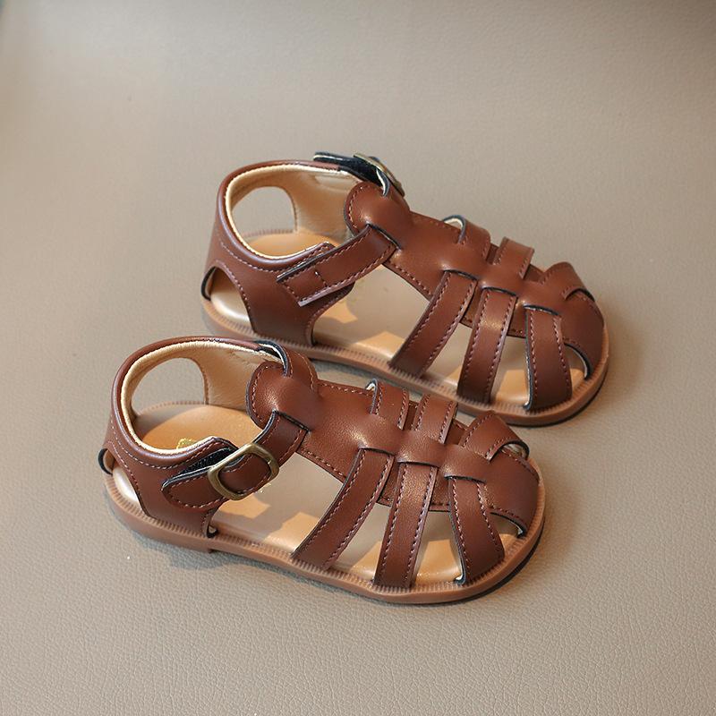 Kids Closed Toe Woven Roman Style Adjustable Buckle Sandals 16 коричневый
