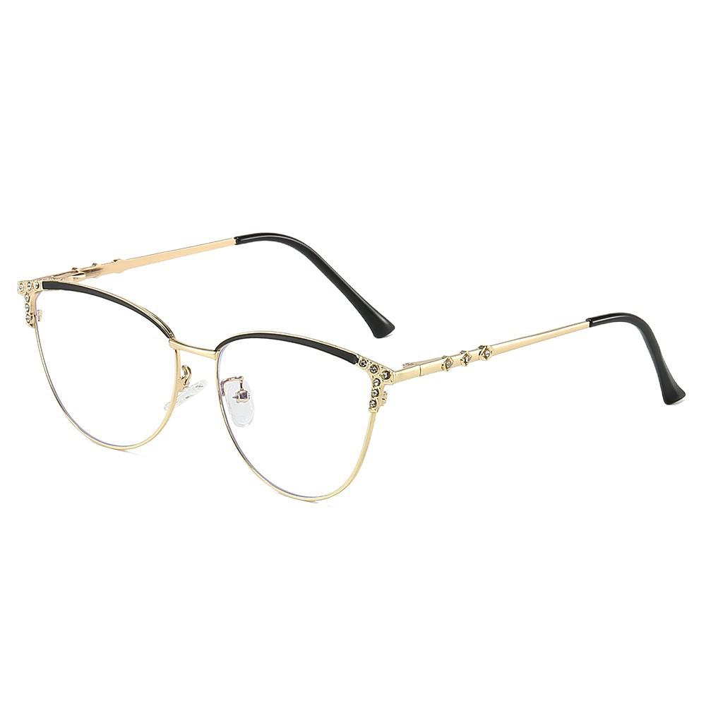 Cat eye glasses new diamond-encrusted plain glasses frame fashionable spring foot discoloration anti-blue light metal glasses
