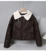 Lamb Wool Leave-in Pu Leather Down Cotton Clothes Women's Short Winter Thickened Stand-up Collar Bread Clothes Small Fur Collar Jacket