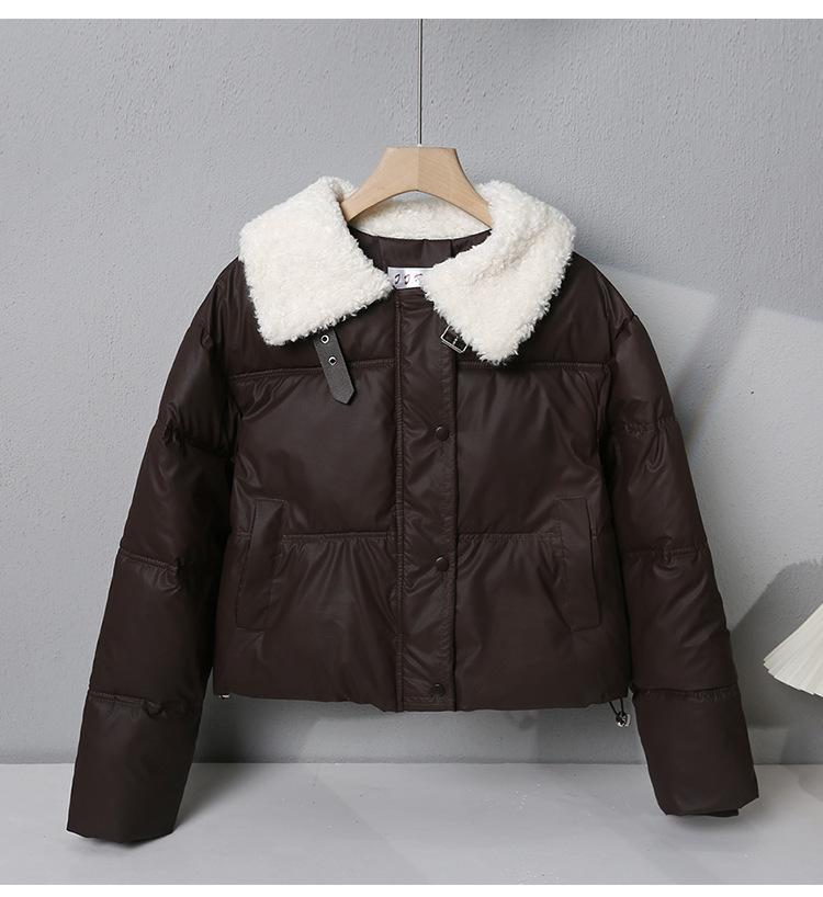 

Шерсть ягненка несмываемый пуховик из искусственной кожи пуховик хлопковая одежда женская короткая зимняя утолщенная куртка со стойкой воротником одежда-хлеб куртка с маленьким меховым воротником XXL кофейный