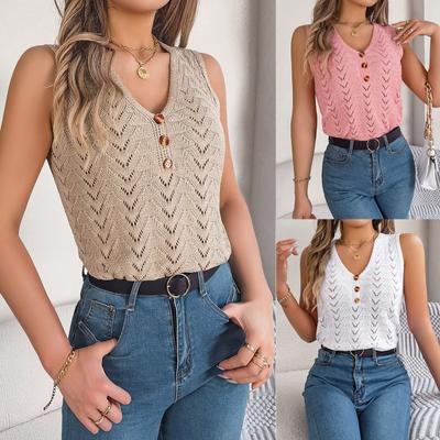 Spring Summer Solid Color Elegant Hollow Button Tank Top Knitted Tops for Women