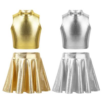 Girls Metallic Sleeveless Turtleneck Top Flared Pleated A-Line Mini Skort Skirt Casual Outfit