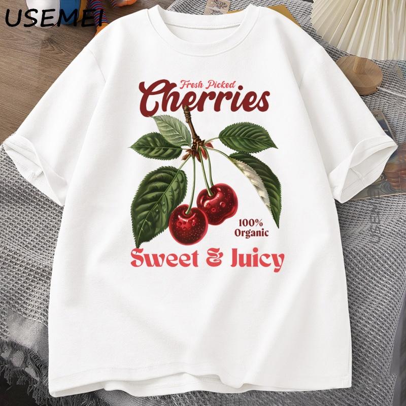 Retro Cherries TShirt Women Unisex Cherry TShirts Cotton Y2k Style T Shirt Summer Short Sleeve Round Neck Tees Unisexs Clothing
