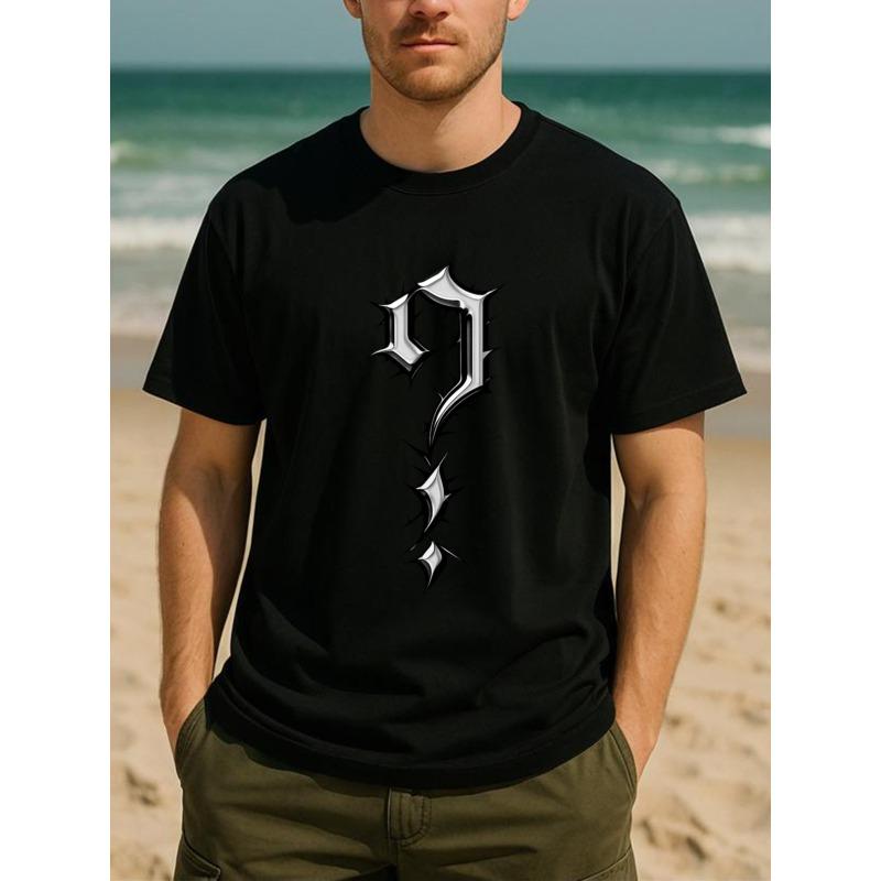 

European Size Men S Short-Sleeved Shirt with a Gothic Question Mark Print, Made from Easy Knitted Pure. This Regular-Fit Sports T-Shirt 4XL