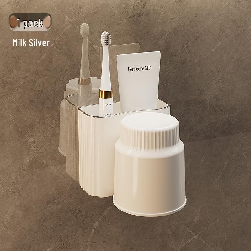 Punch-Free Wall-Mounted Bathroom Set: Toothbrush Holder & Mouthwash Cup Storage Rack