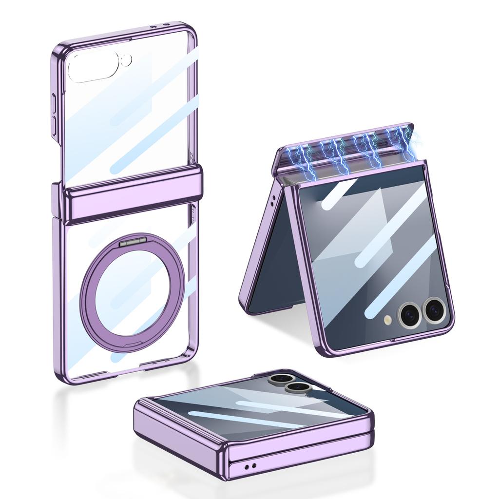 Magnetic Hinge Ring Holder Case for Samsung Galaxy Z Flip 7 Luxury Plating Edge Screen Glass Hard Cover for Galaxy Z Flip7 Case