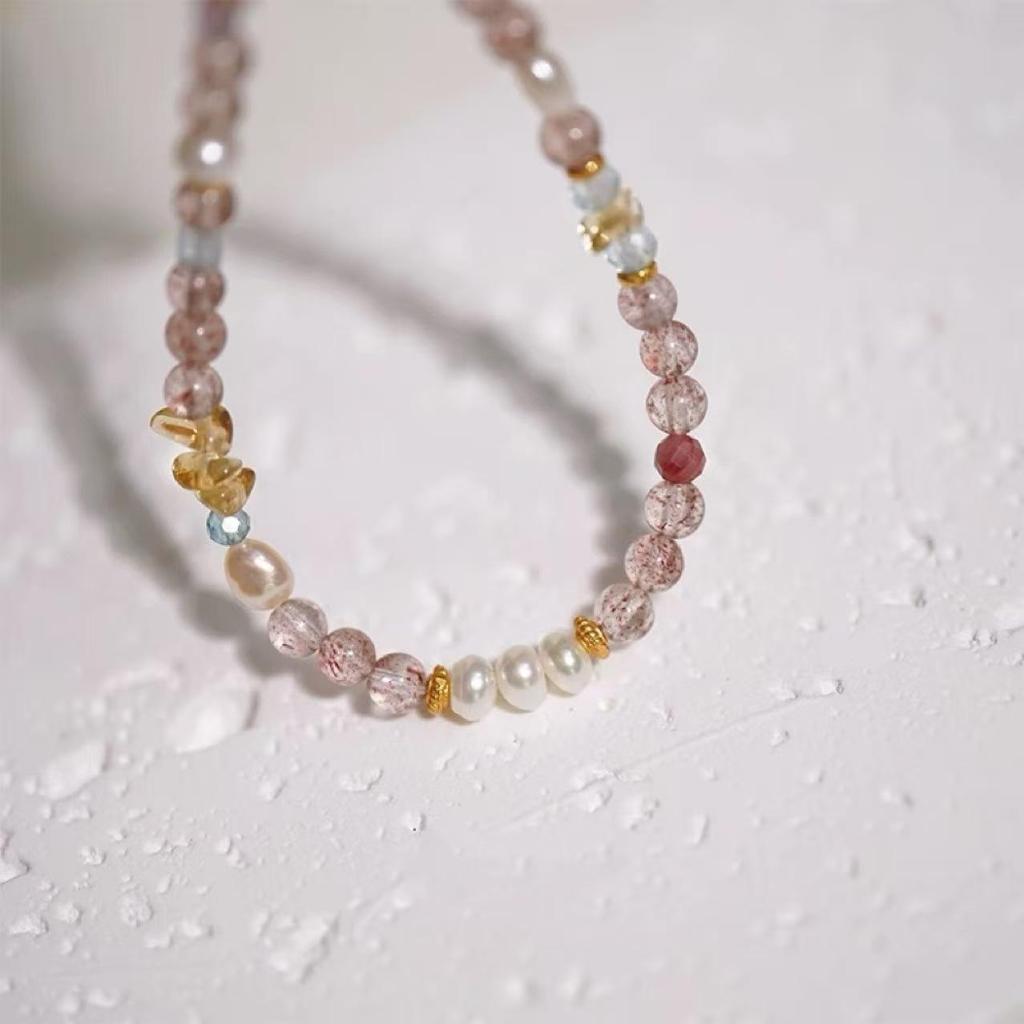 Women's Strawberry Crystal & Aquamarine Freshwater Pearl Bracelet - Handmade Pink Peach Blossom Design for Best Friends