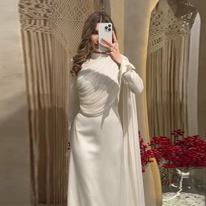 2025 European American Women's Pleated Irregular White Long Sleeve Slim Fit Dress