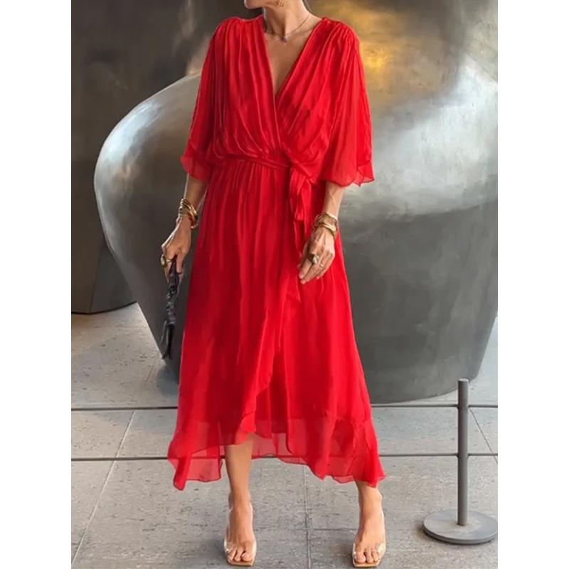 2026 New Plus Size Women's Solid Color Tie-Waist Long Dress with Bat Sleeves and Asymmetrical Hem