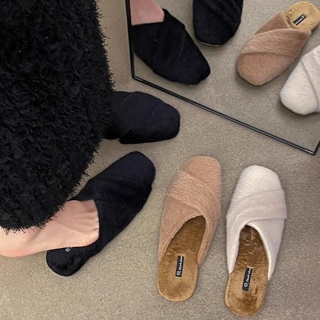 2025 Herbst und Winter neue Oberbekleidung sanfter Feenwind Samttasche Kopf Baumwollpantoffeln lässige flache Halbpantoffeln Tide