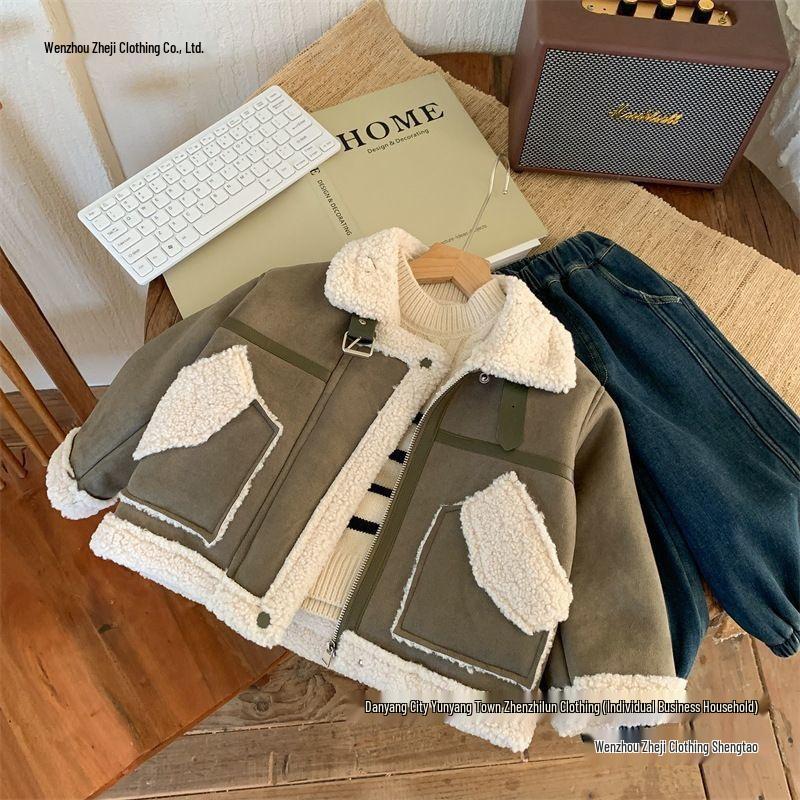 Boys' Fleece-Lined Lambswool Winter Jacket - Thickened Toddler One-Piece Fur Top