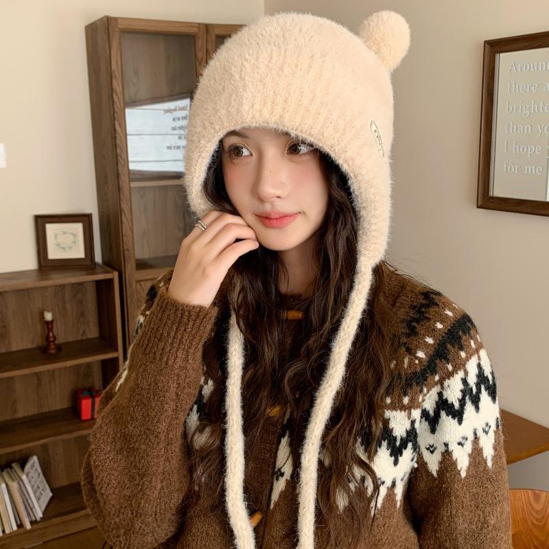 Cute Bear Ears Knitted Plush Hat for Women Autumn and Winter Warm Ear Protection Bag Head Hat Large Head Circumference Casual Windproof