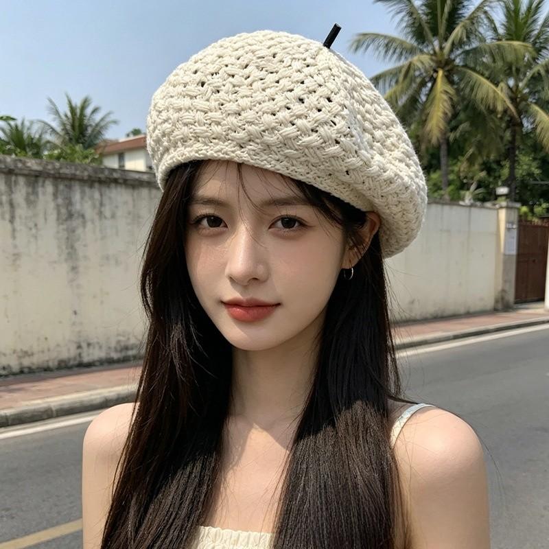 Small Fragrance Style Beret Hat For Women Summer Breathable Knitted Fashion Accessory