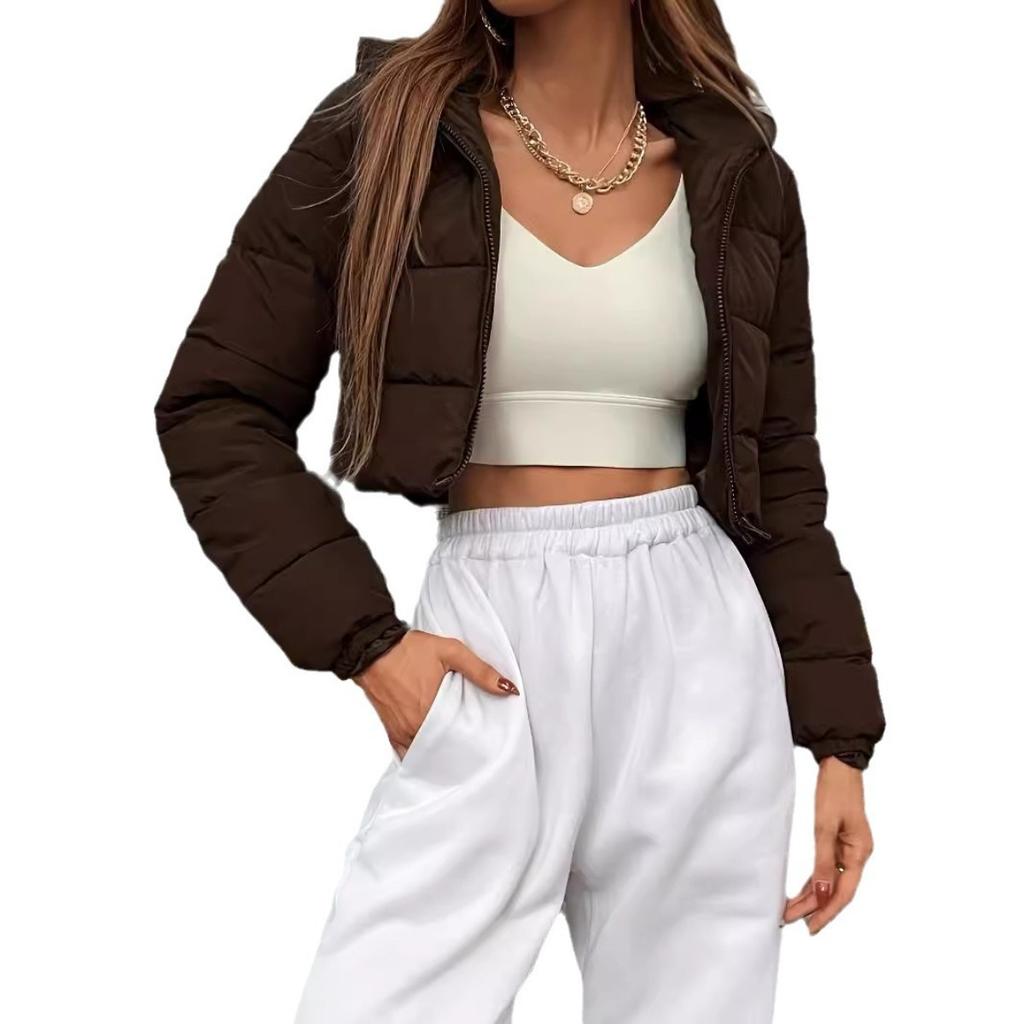 Winter Women's Fashion Hooded Short Puffer Jacket French Style Streetwear Cropped Padded Coat