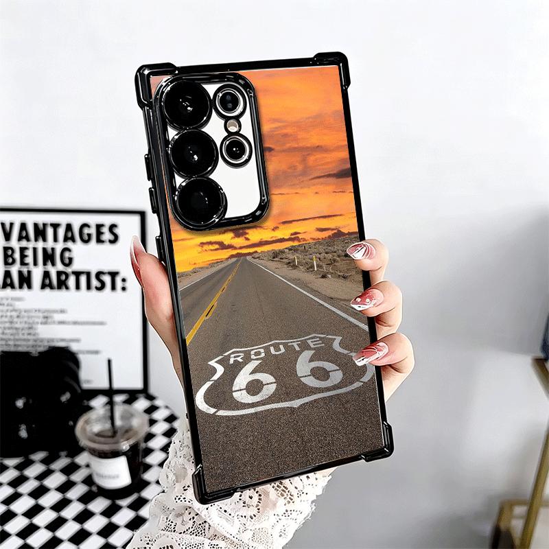 America Route 66 Plating Phone Case For Samsung Galaxy S24 S25 FE S26 Edge S23 Ultra S22 S21 Plus S20 Anti-Fall Airabag Cover