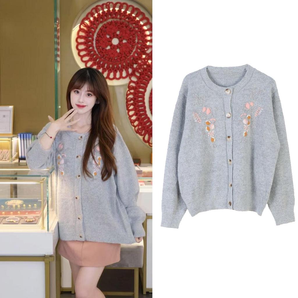 Yang Mi Style Floral Embroidery Knit Cardigan: Versatile Korean Fashion Sweater for Women (Autumn/Winter)