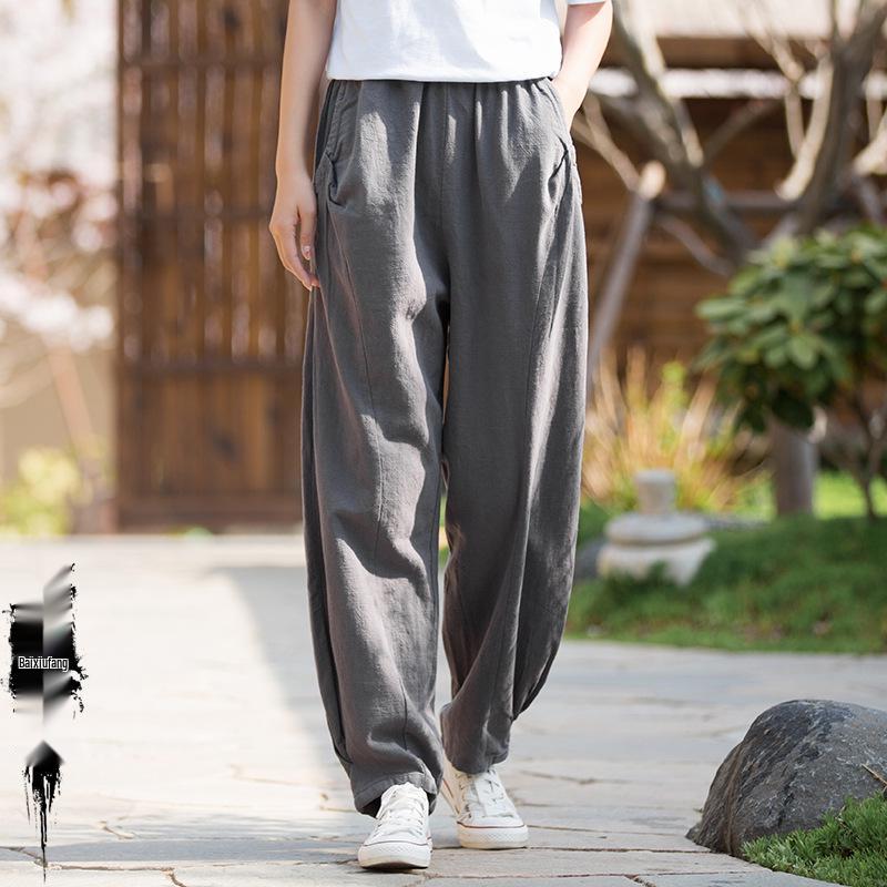 2025 Spring & Summer Loose Fit Ramie-Cotton Women's Yoga Pants - Sand-Washed Casual Bloomers