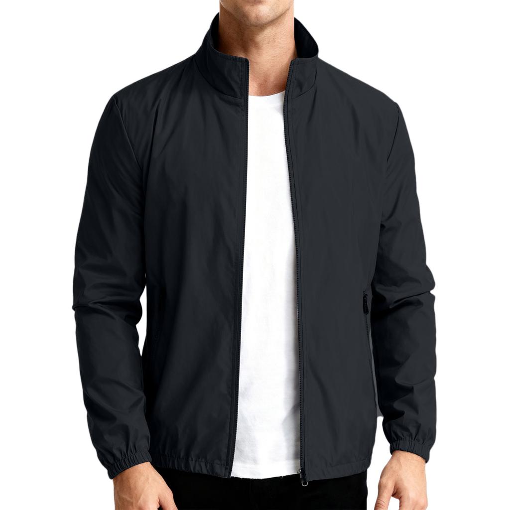 Lightweight Stand Collar Windbreaker Jacket for Men with Zipper Closure and Elastic Cuffs Casual Outerwear for Spring Fall