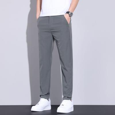 Summer Thin Men's Ice Silk Elastic Waist Casual Pants Solid Color Versatile Elastic Straight Pants Breathable Men's