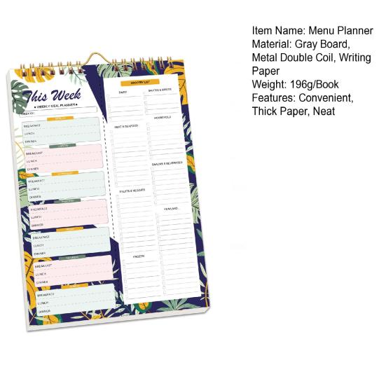 52týdenní odtrhávací jídelní plánovač, spirálová vazba, odnímatelný nákupní seznam, nedatovaný blok pro plánování menu do kuchyně