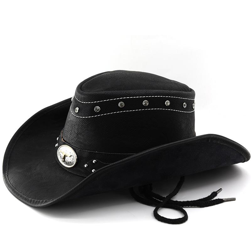 Men's and Women's Big-brimmed Leather Western Cowboy Hat Horseback Riding Beach Hat Sun Hat Big Head Circumference Top Hat High-end Hat Spot