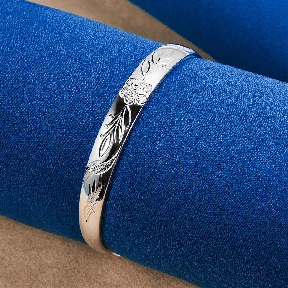 Charming 925 Sterling Silver Exquisite Floral Pattern Bangle for Women, Fashionable Wedding Party Jewelry