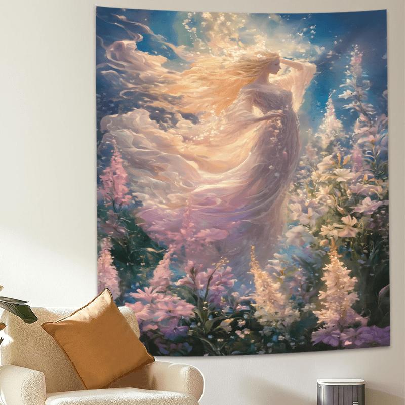 Enchanted Garden Tapestry  Vibrant Wall Hanging with Ethereal Woman and Flowers for Bedroom and Living Room Decor Perfect Gift