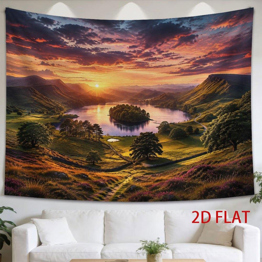 2D Flat, 1pc 2D Flat Tapestry Sunset Over Lake and Mountains, Vibrant Sky with Purple Clouds, Winding Path Through Green Hills and Flowering Meadows,