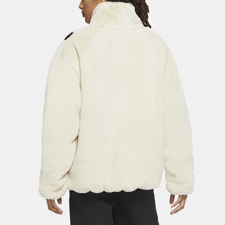 Nike Sportswear Womens Oversized Swoosh Logo Faux Fur Jacket Fossil/Black Women Streetwear CU6558-238