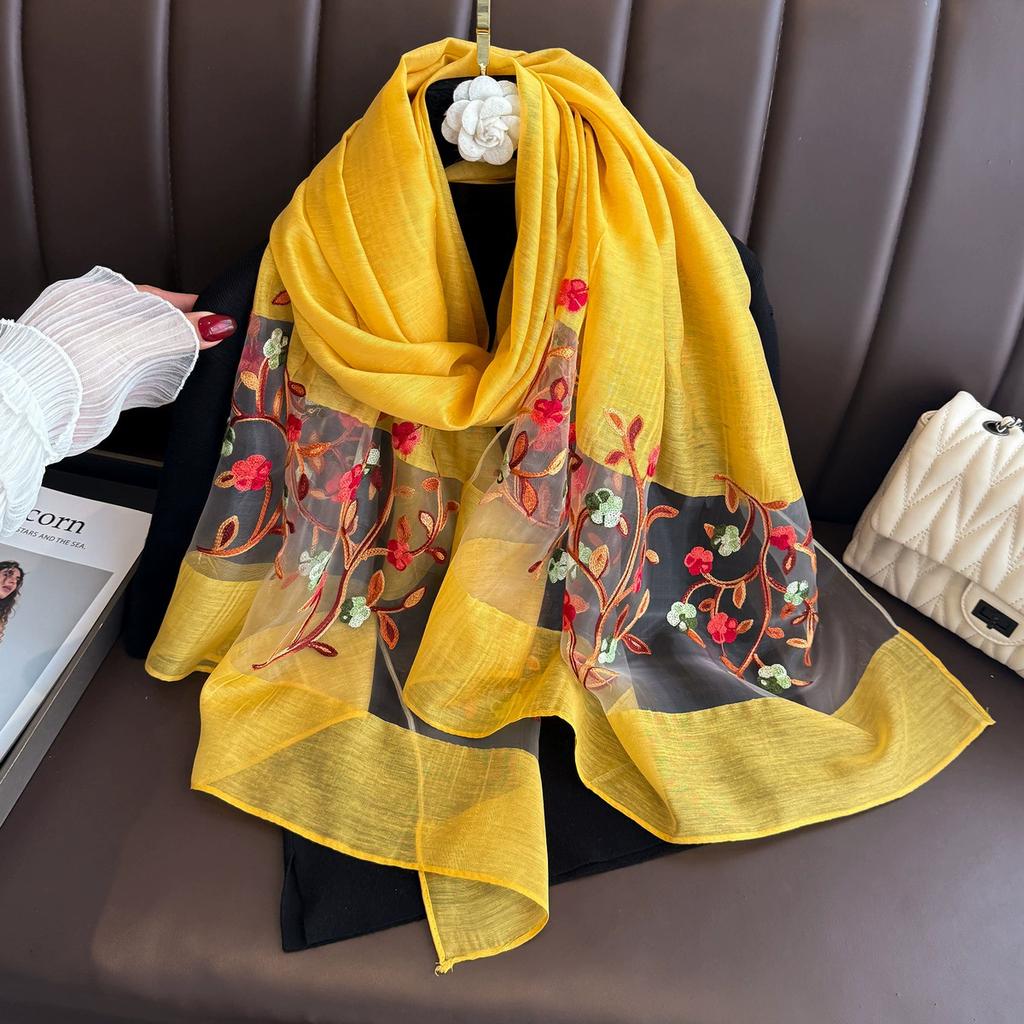 Elegant Soft Thin Luxury Silk Scarf Flower Embroidery Foulard Women Hijab Shawls Large Wraps Shiny Lace Scarf Female