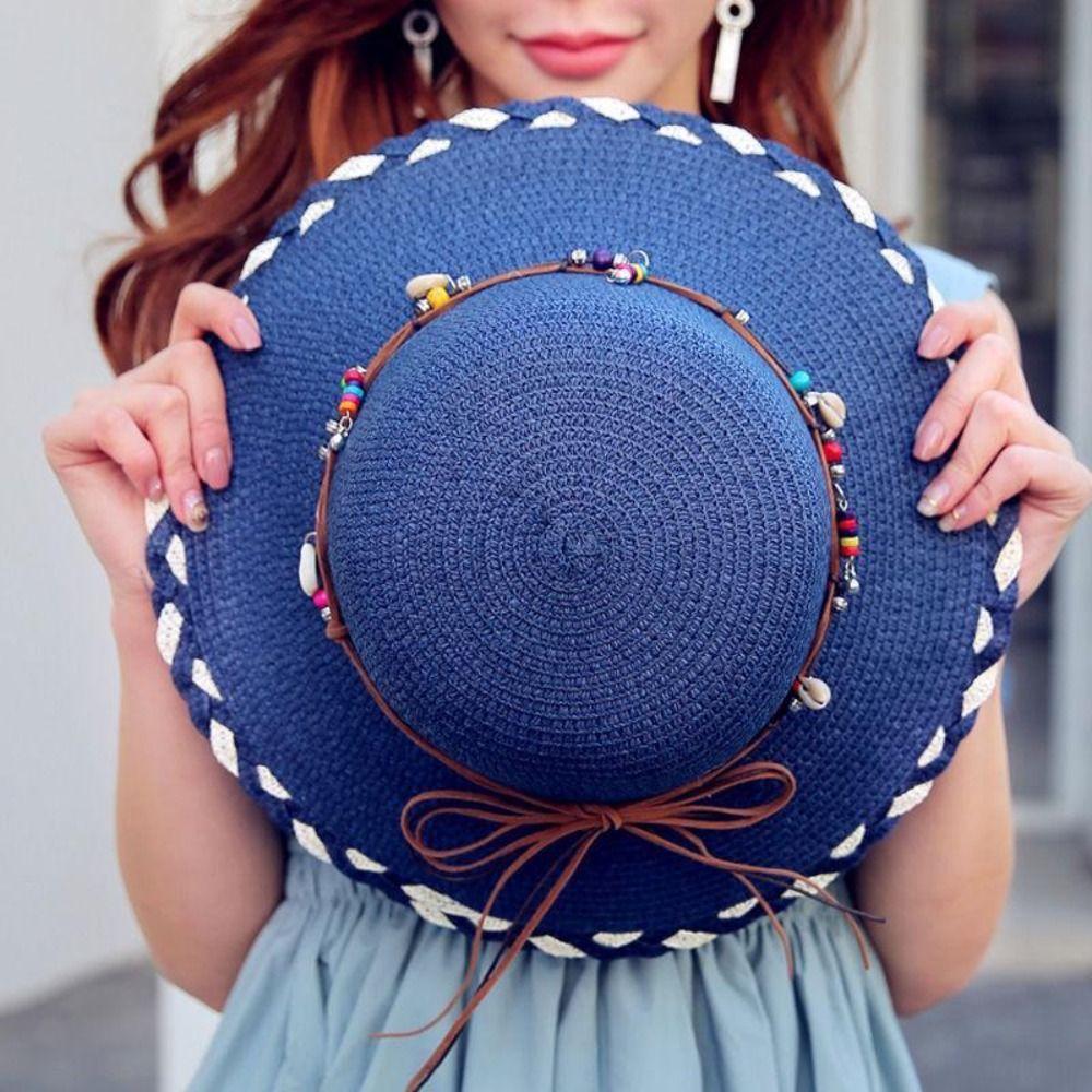 Western Country Style Bohemian Beaded Strap Straw Hat Wide Brim Beach Folding Straw Hats Travel Spring Summer Women's Sun Hat