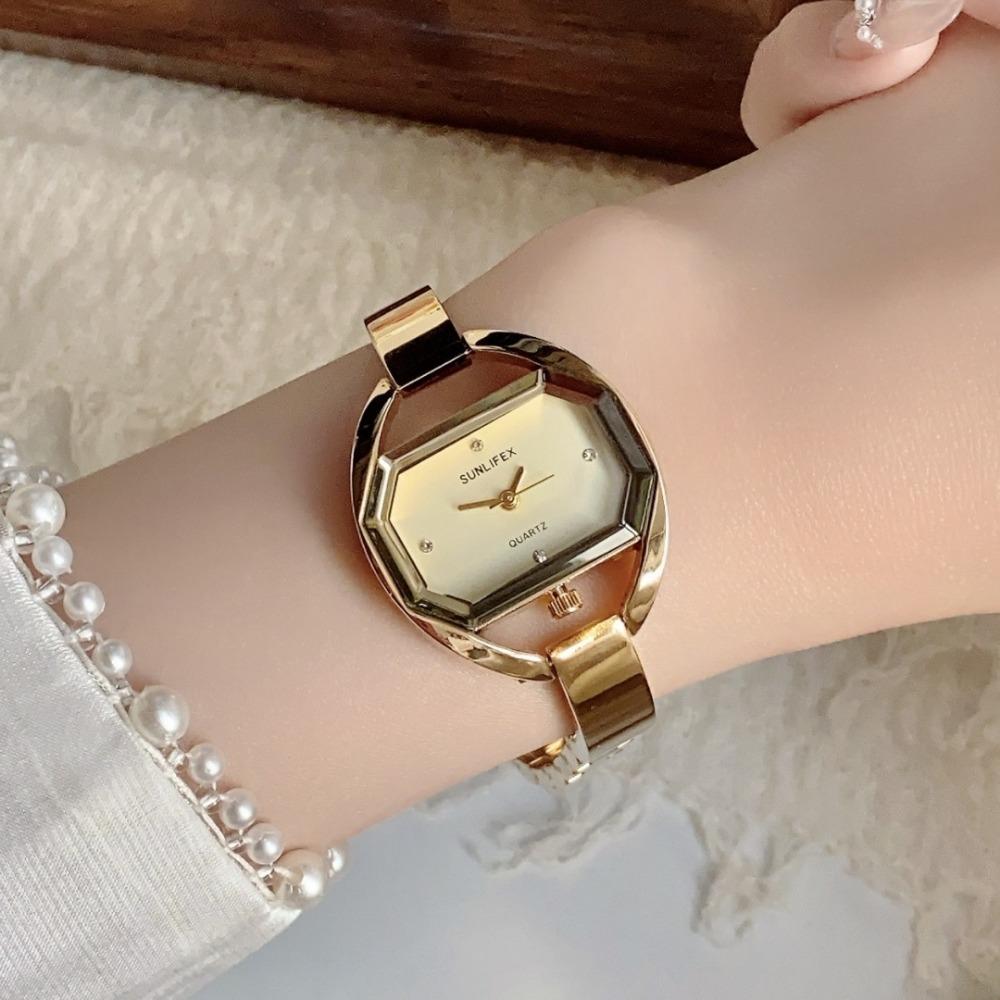 Minimalist Octagonal Rhinestone Dial Ladies Quartz Watch Thin Metal Bangle Elegant Daily Wrist Watch