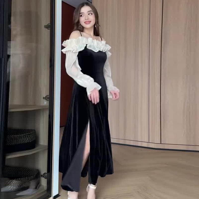 

2024 Осень Женское Элегантное Платье с Воланами и Цветными Блоками - Стиль Маленькой Ароматности L чёрный