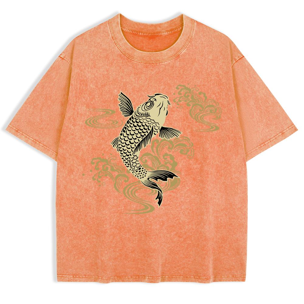 Paper Cut Koi Good Luck Prints Washed T-Shirts Mens Cotton Short Sleeve Tops Basic O-Neck Oversized T Shirt Clothes