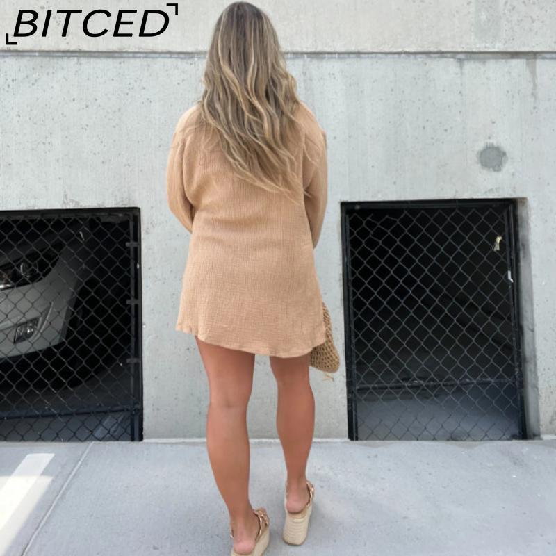BITCED חולצת נשים שרוול ארוך מבד מקומט סט שני חלקים אופנתי קז'ואל מכנסיים קצרים מותן גבוה