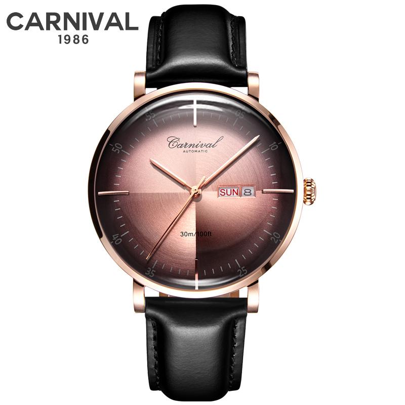 Carnival Marke 3D Gewölbtes Zifferblatt Luxus Automatikuhr für Mann Leder Wochentag Datum MIYOTA Mechanische Uhr Sport-Armbanduhr Männlich