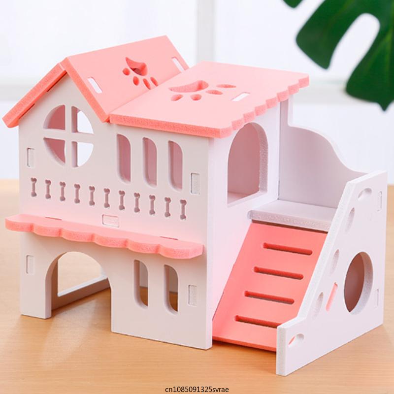 Wooden Hamster Hideout House Pet DIY Hideout Hut Toy Double-storey Pet Hut Play Toy Small Animal Supplies Cages Accessories