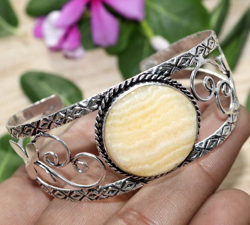 Huge Round Laguna Lace Calcite 925 Silver Plated Bangle 6.5" Most Beautiful K9I73