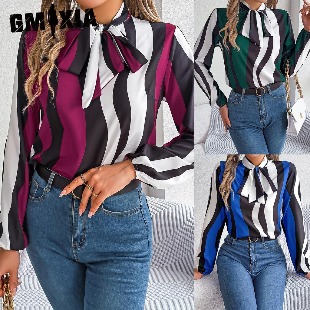 GMXIA Spring and Summer Stylish Contrasting Color Striped Tie Lantern Sleeve Chiffon Blouse for Women