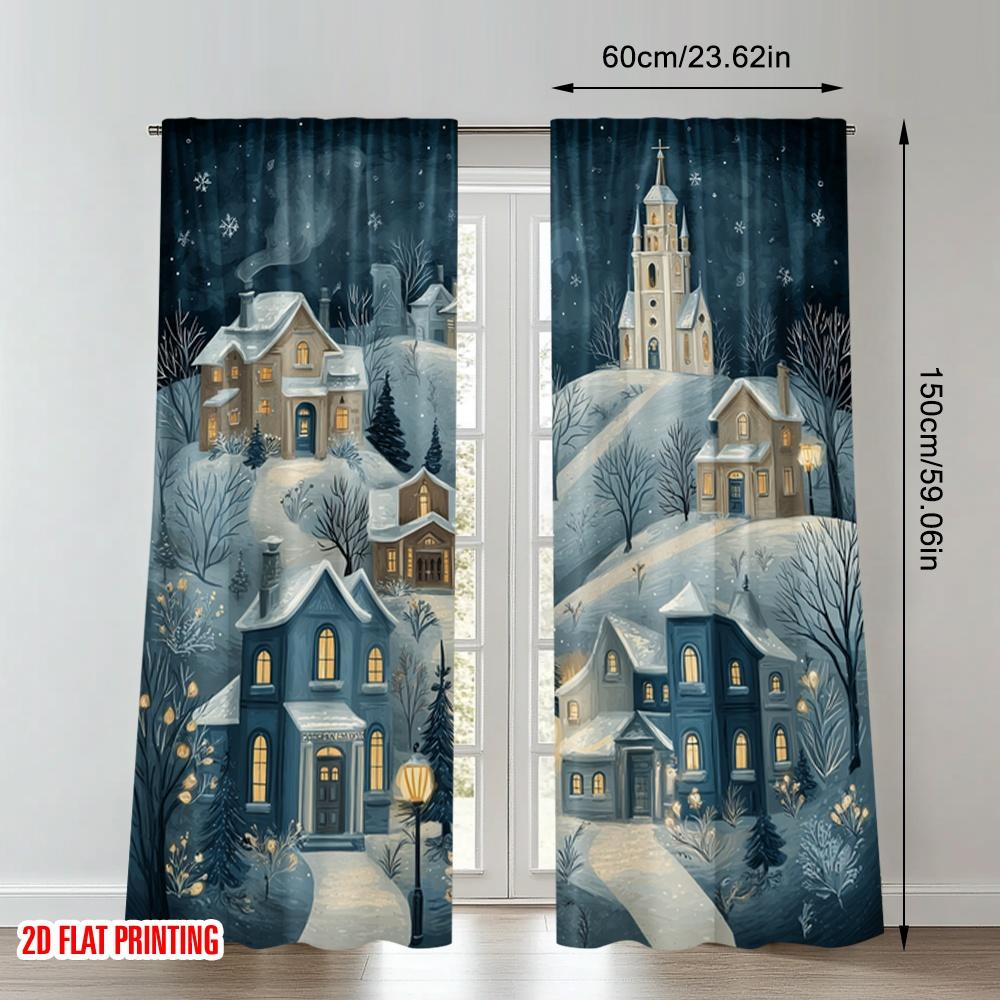 2pcs 2D flat printing Christmas Hot Party Curtains Cozy Winter Village Snow Scene Digital Printed Polyester Drapes Birthday